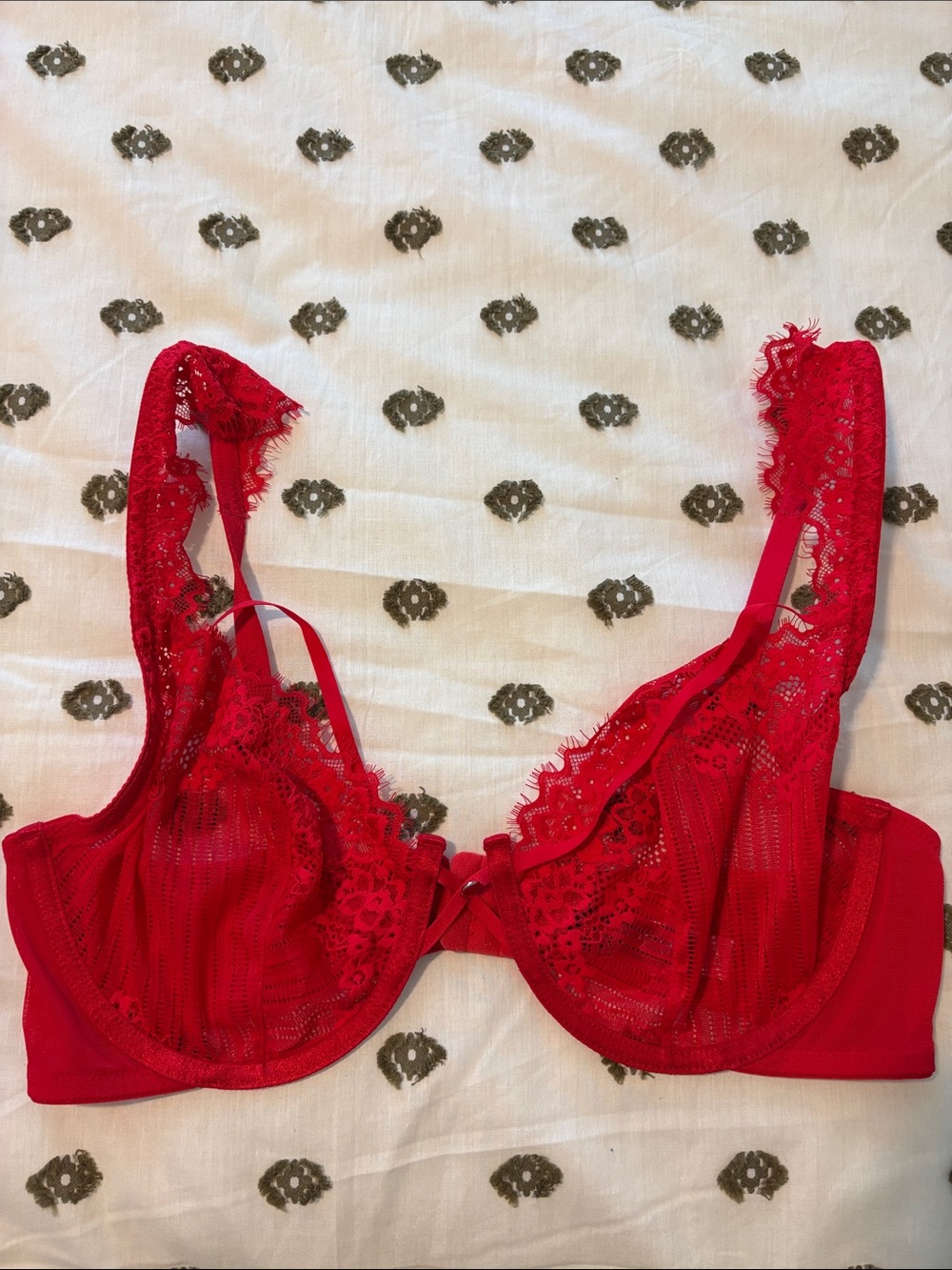 Adore Me Red Lace Underwire Bra with Sheer Panels